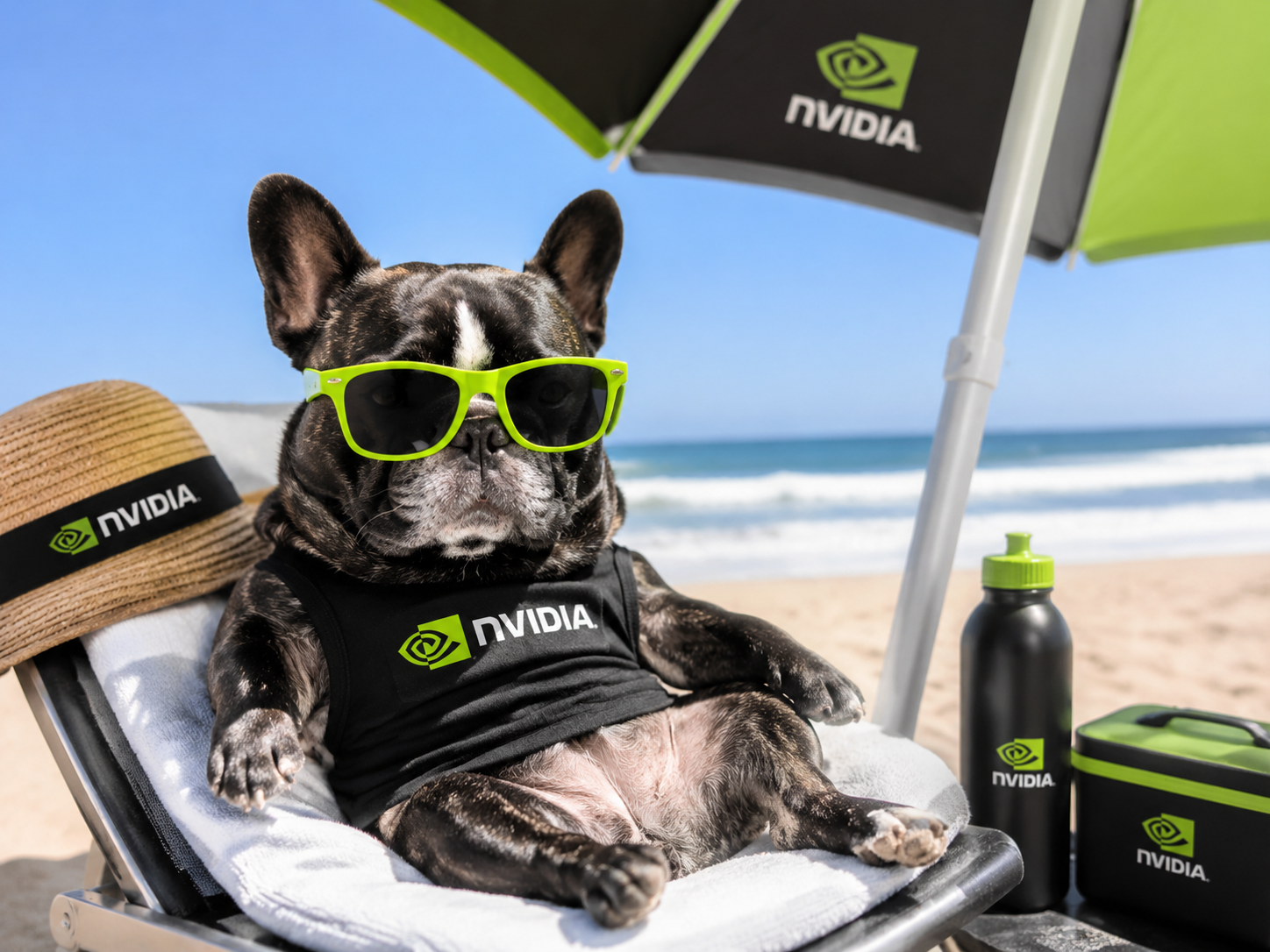 NVIDIA DOG relaxing beneath a green NVIDIA umbrella